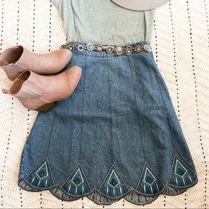 Boho Southwest Denim Flare Skirt with Embroidery
